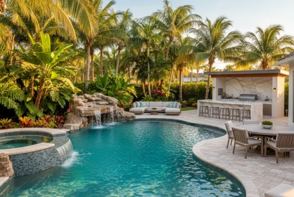 Custom pool and outdoor living area with palm trees in Florida