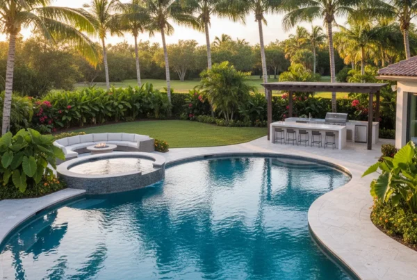Custom pool and outdoor living area with palm trees in Florida