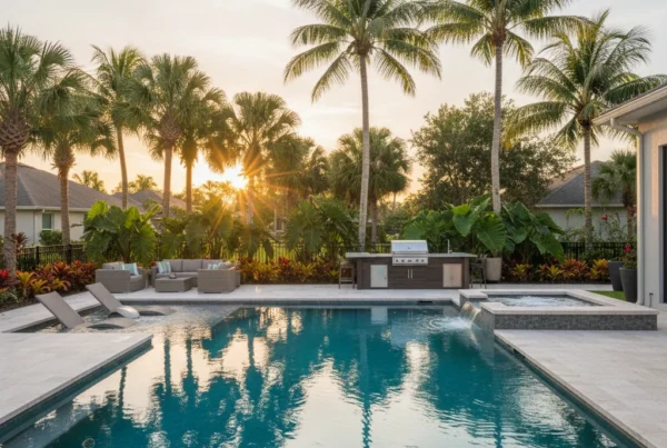 Custom pool with outdoor kitchen and tropical landscaping in Belle Isle FL