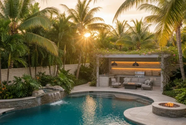 Custom pool and outdoor living area with tropical landscaping in Florida