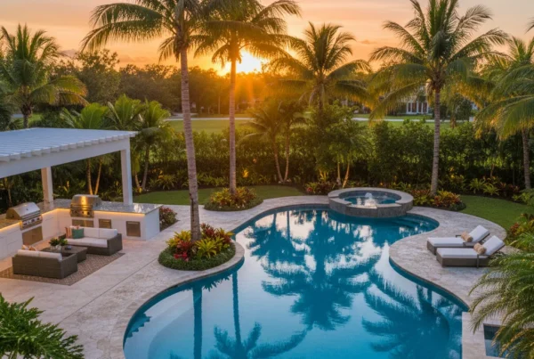 Custom pool and outdoor living area with tropical landscaping in Florida