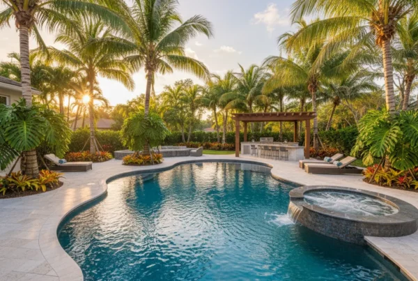 Custom pool and outdoor living area with tropical landscaping in Florida