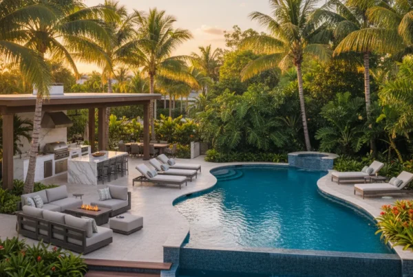 Custom pool and outdoor living area with palm trees in Florida