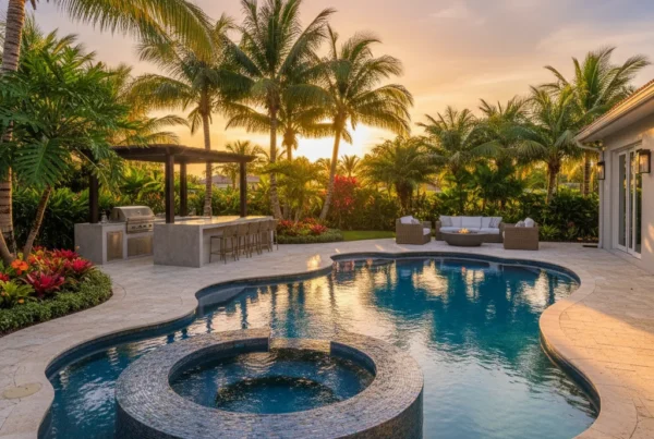 Custom pool with tropical landscaping and outdoor kitchen in Florida