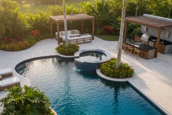 Custom pool and outdoor living area with tropical landscaping in Florida