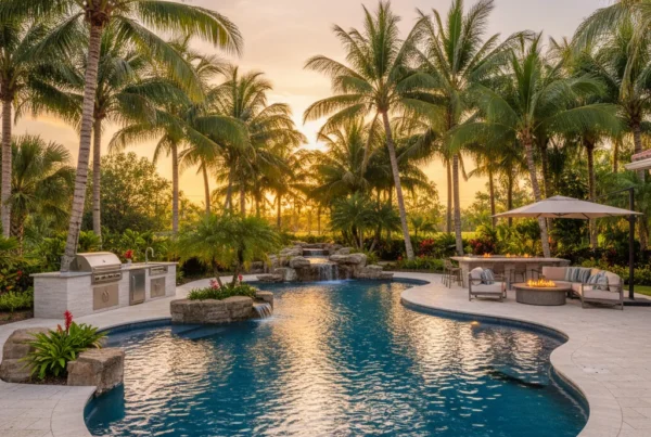 Custom pool and outdoor living area with tropical landscaping in Florida