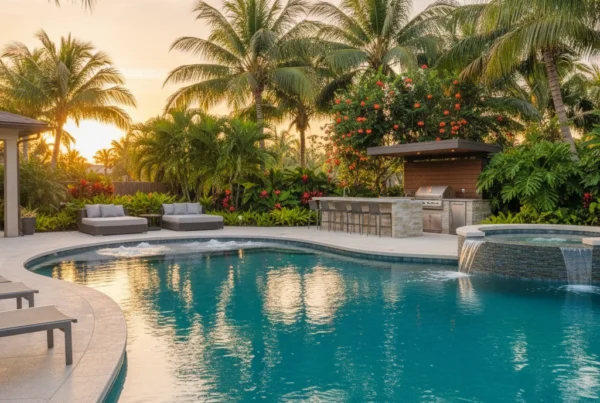 Custom pool and outdoor living area in Daytona Beach FL with palm trees