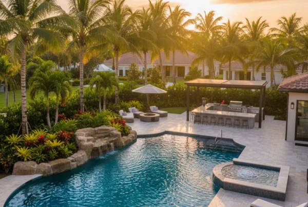Custom pool and outdoor living area with palm trees in Florida