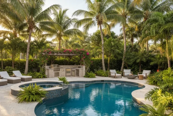 Custom pool and outdoor living area with tropical landscaping in Florida