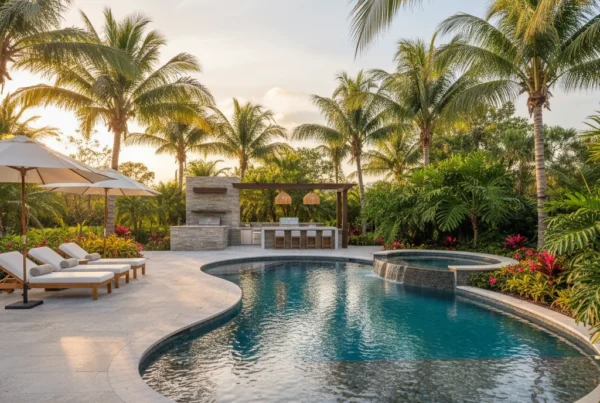 Custom pool and outdoor living area with tropical landscaping in Florida