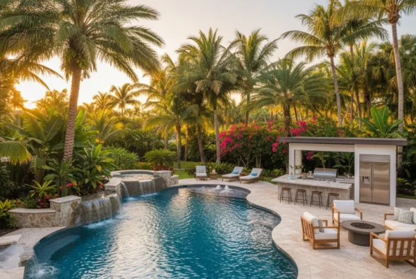 custom pool with tropical landscaping and outdoor kitchen in florida
