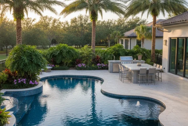 Custom pool with tropical landscaping and outdoor kitchen in Central Florida