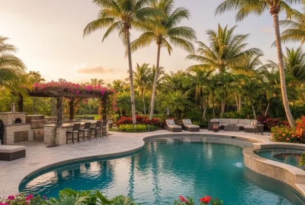 Custom pool and outdoor living area with tropical landscaping in Florida