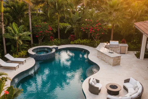 Custom pool and outdoor living area with tropical landscaping in Florida