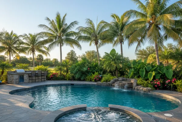 Custom pool and outdoor living area in Harmony Florida with tropical landscaping