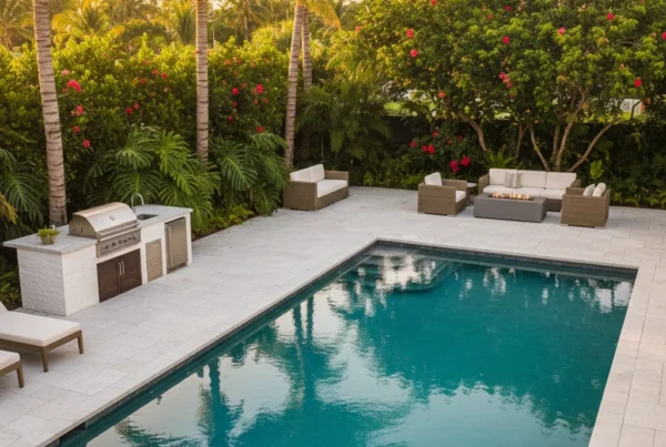 Custom pool and outdoor living area with tropical landscaping in Florida