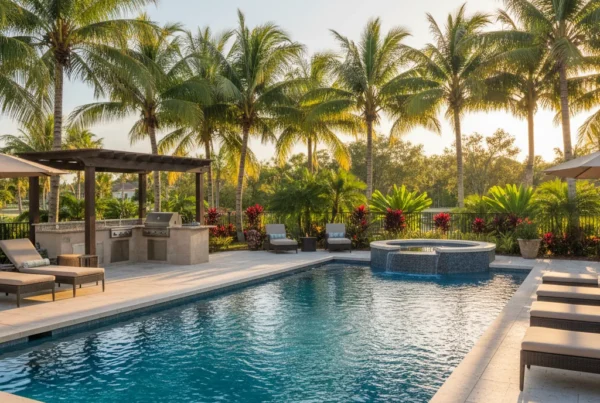 Custom pool and outdoor living area in Kissimmee Florida with tropical landscaping