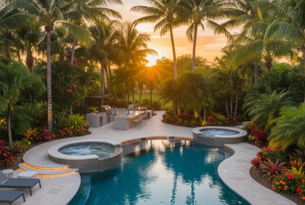 Custom pool and outdoor living area with tropical landscaping in Florida