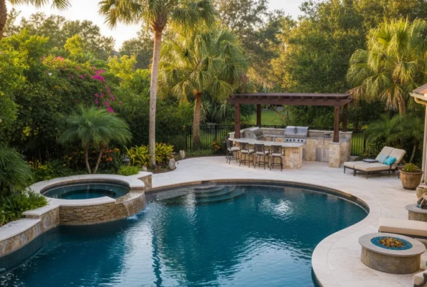 Custom pool and outdoor living area in Lake Mary FL with tropical landscaping