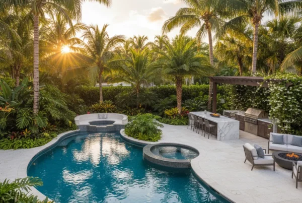 Custom pool and outdoor living area with tropical landscaping in Florida
