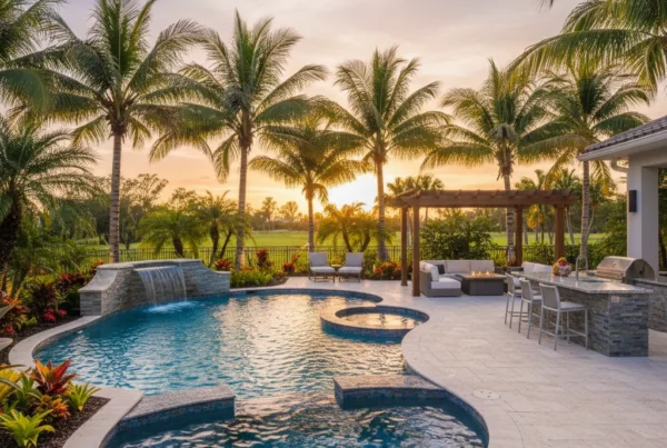 custom pool and outdoor living area with tropical landscaping in Florida
