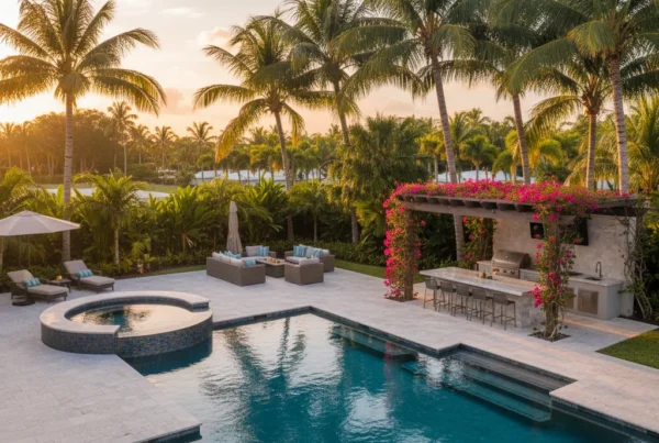 Custom pool and outdoor living area with palm trees in Florida