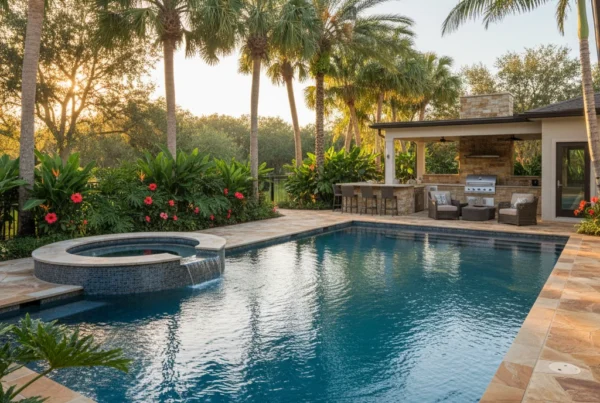 Custom pool and outdoor living area in Longwood Florida with tropical landscaping