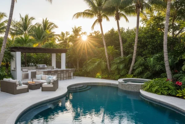 Custom pool and outdoor living area with tropical landscaping in Florida