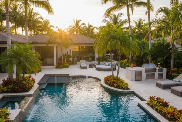 Custom pool and outdoor living area with tropical landscaping in Florida