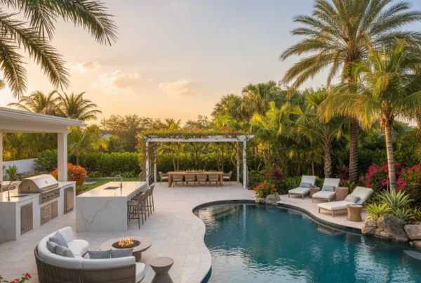 Custom pool and outdoor living area with tropical landscaping in Florida