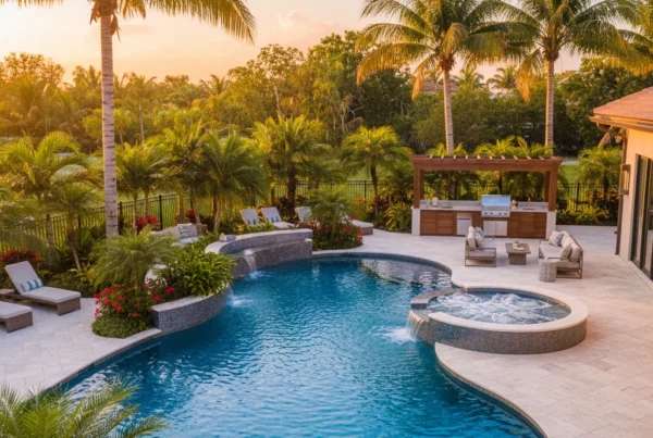 Custom pool and outdoor living area with tropical landscaping in Florida