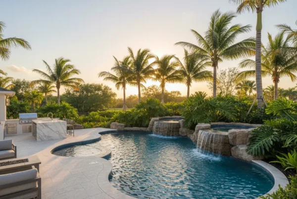 custom pool and outdoor living area with tropical landscaping in Florida