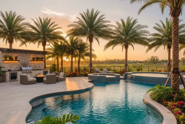Custom pool and outdoor living area with tropical landscaping in Florida