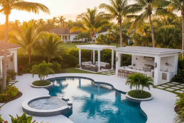 Custom pool and outdoor living area with tropical landscaping in Florida