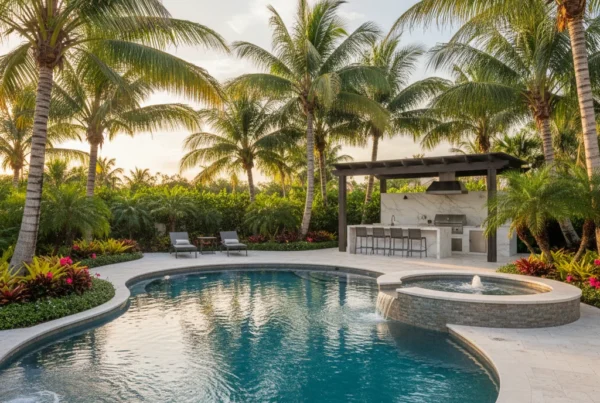 Custom pool with tropical landscaping and outdoor kitchen in Florida