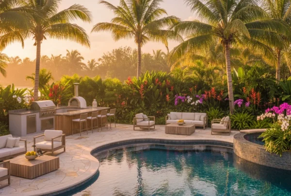 Custom pool and outdoor living area with tropical landscaping in Florida