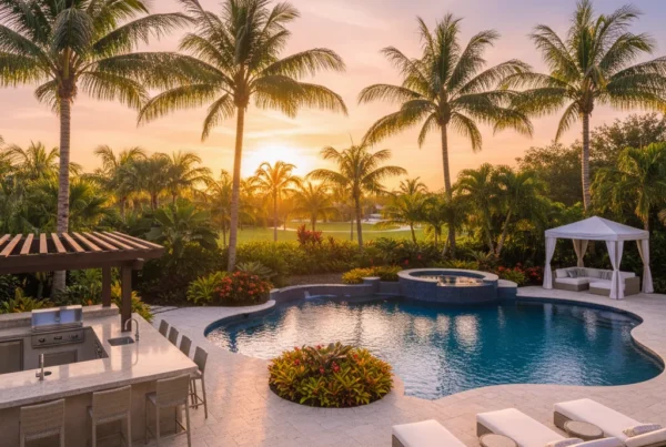Custom pool and outdoor living area with palm trees in Florida
