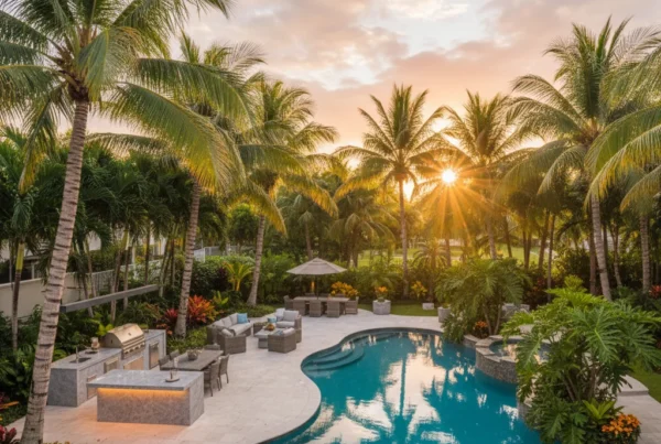 Custom pool and outdoor living area with tropical landscaping in Florida