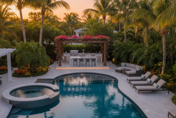 Custom pool and outdoor living area with tropical landscaping in Florida