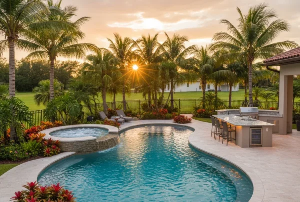 Custom pool and outdoor living area with tropical landscaping in Florida