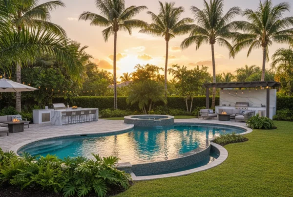 Custom pool and outdoor living area with tropical landscaping in Florida