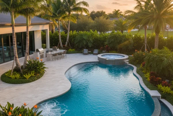 Custom pool and outdoor living area with tropical landscaping in Palm Bay FL