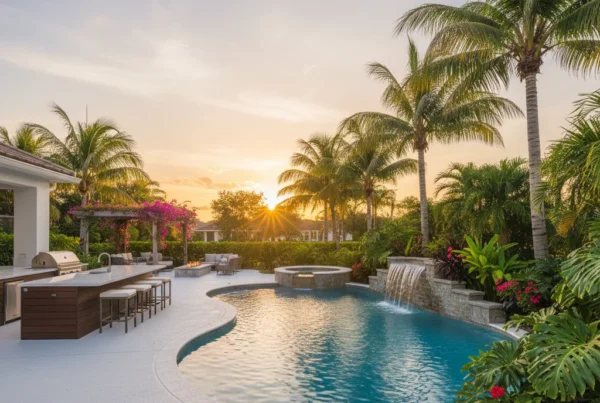 Custom pool and outdoor living area with tropical landscaping in Florida