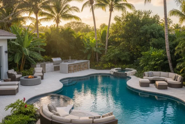 Custom pool and outdoor living area with tropical landscaping in Florida
