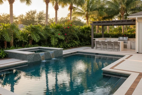 Custom pool and outdoor living area with tropical landscaping in Florida