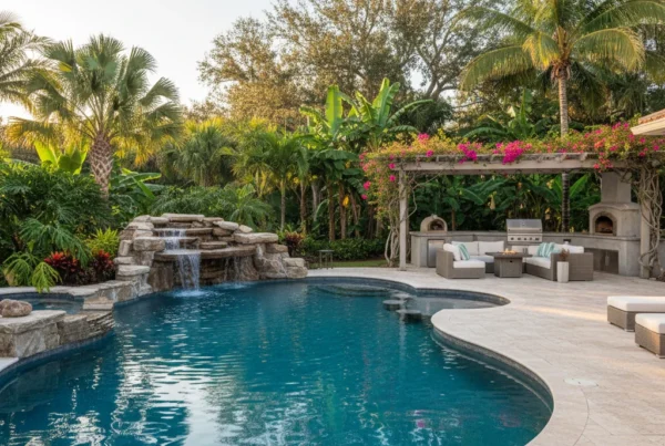 Custom pool and outdoor living area with tropical landscaping in Florida