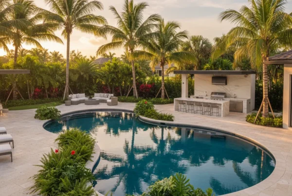 Custom pool and outdoor living area with palm trees in Florida