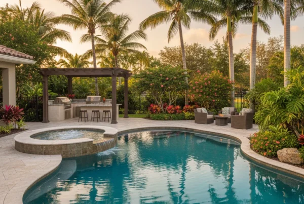 Custom pool and outdoor living area with tropical landscaping in Florida