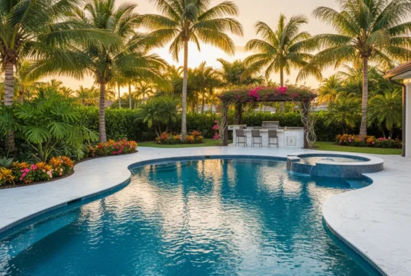 Custom pool with tropical landscaping and outdoor kitchen in Florida