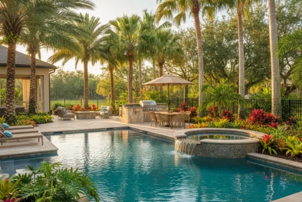 Custom pool and outdoor living area in Viera FL with tropical landscaping